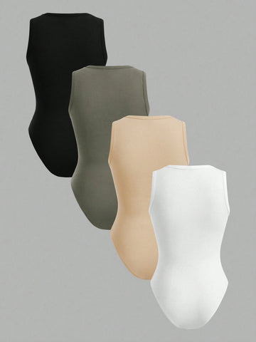 4pcs/Set Tight-Fitting High-Cut Bodysuits With Round Neckline, Perfect For Summer