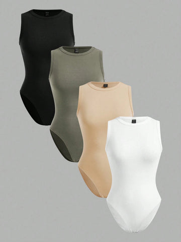 4pcs/Set Tight-Fitting High-Cut Bodysuits With Round Neckline, Perfect For Summer
