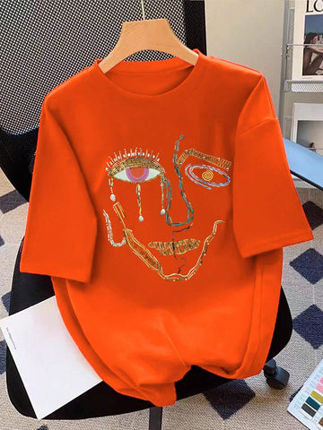 EZwear Abstract Portrait Printed Round Neck Short Sleeve T-Shirt