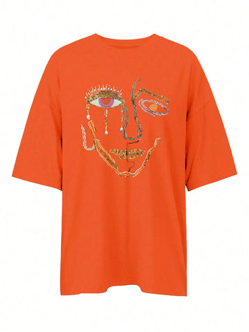 EZwear Abstract Portrait Printed Round Neck Short Sleeve T-Shirt