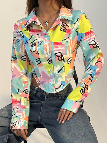 EZwear Allover Print Curved Hem Shirt For Dailywear