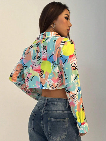 EZwear Allover Print Curved Hem Shirt For Dailywear