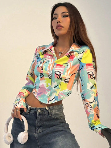 EZwear Allover Print Curved Hem Shirt For Dailywear