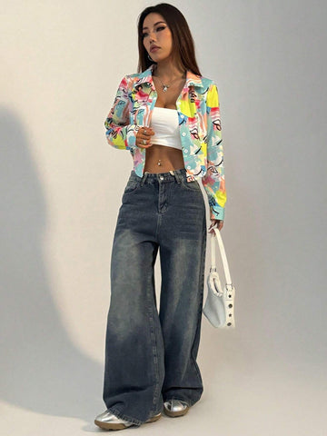 EZwear Allover Print Curved Hem Shirt For Dailywear