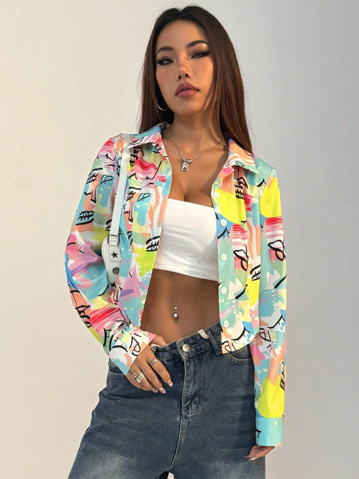 EZwear Allover Print Curved Hem Shirt For Dailywear