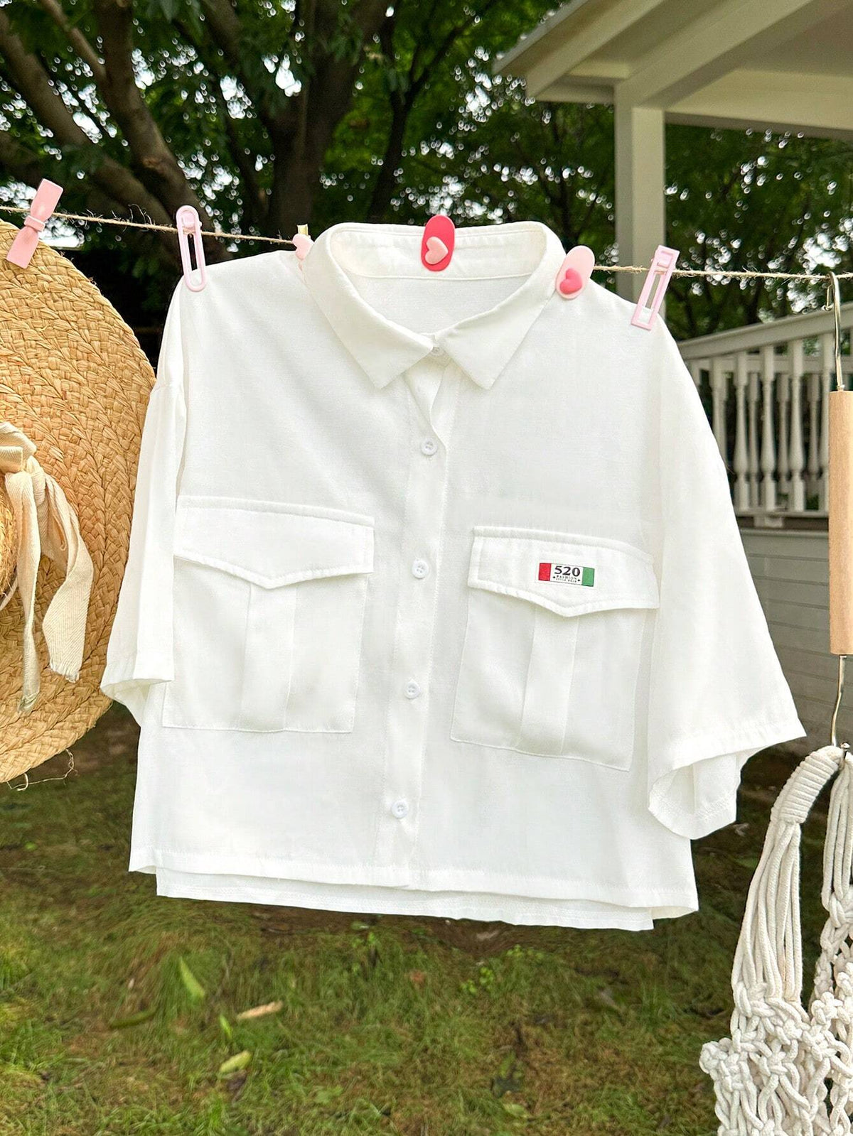 EZwear Alphabet Patch Detail Button Front Solid Color Short Shirt