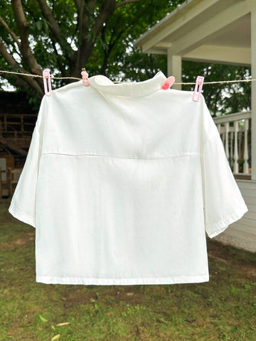 EZwear Alphabet Patch Detail Button Front Solid Color Short Shirt