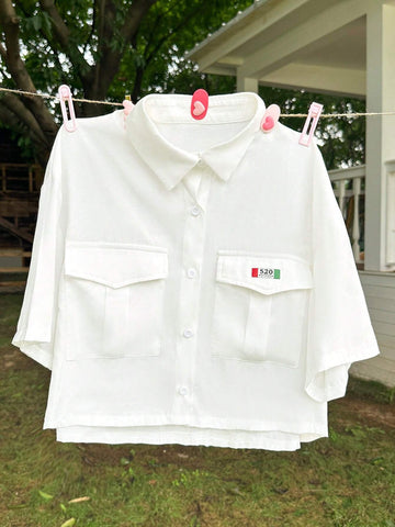 EZwear Alphabet Patch Detail Button Front Solid Color Short Shirt