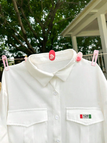 EZwear Alphabet Patch Detail Button Front Solid Color Short Shirt