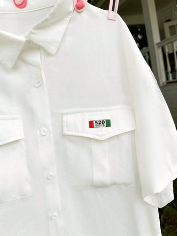 EZwear Alphabet Patch Detail Button Front Solid Color Short Shirt