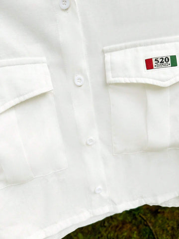 EZwear Alphabet Patch Detail Button Front Solid Color Short Shirt