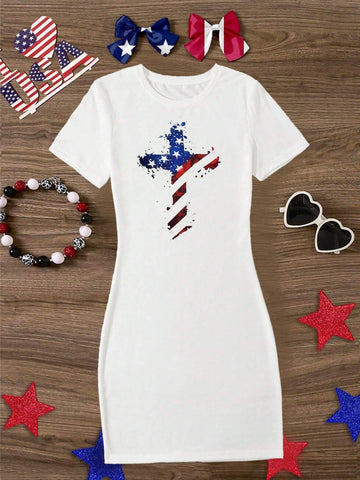 Americana And Cross Print Short Sleeve Dress For Summer