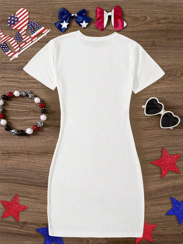 Americana And Cross Print Short Sleeve Dress For Summer