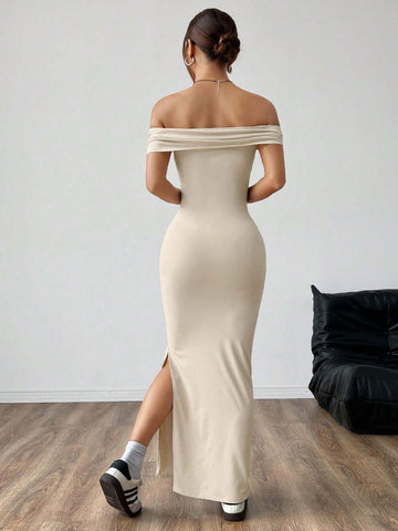 Apricot Knitted Bodycon Dress With Off Shoulder And Slit