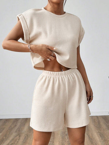 Apricot Knitted Women Casual Suit