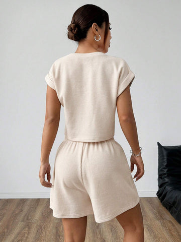 Apricot Knitted Women Casual Suit