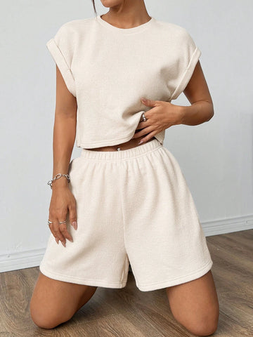 Apricot Knitted Women Casual Suit