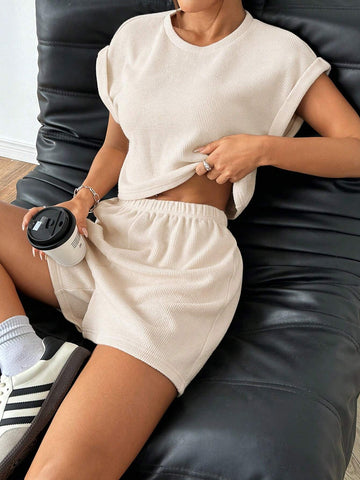 Apricot Knitted Women Casual Suit