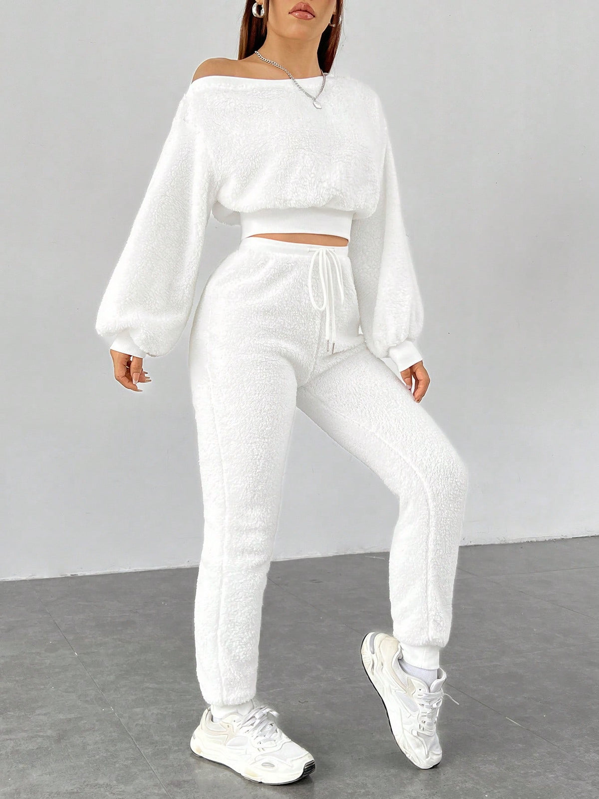 Asymmetrical Neck Drop Shoulder Crop Teddy Pullover & Drawstring Waist Pants