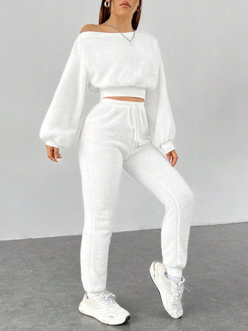 Asymmetrical Neck Drop Shoulder Crop Teddy Pullover & Drawstring Waist Pants