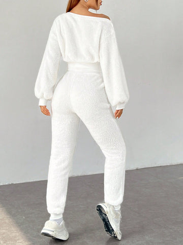 Asymmetrical Neck Drop Shoulder Crop Teddy Pullover & Drawstring Waist Pants