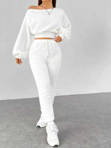 Asymmetrical Neck Drop Shoulder Crop Teddy Pullover & Drawstring Waist Pants