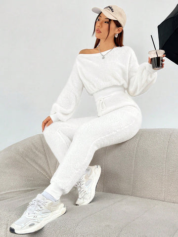 Asymmetrical Neck Drop Shoulder Crop Teddy Pullover & Drawstring Waist Pants