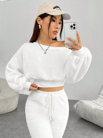 Asymmetrical Neck Drop Shoulder Crop Teddy Pullover & Drawstring Waist Pants