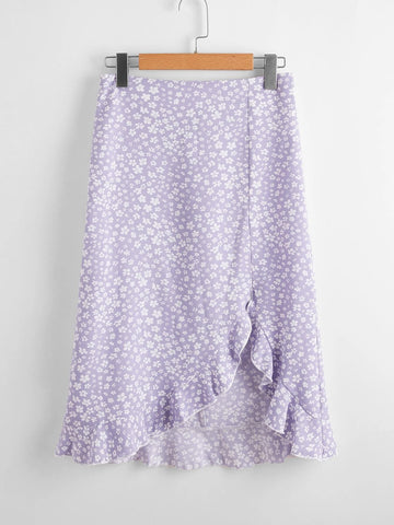 EZwear Asymmetrical Ruffle Hem Ditsy Floral Skirt