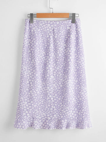 EZwear Asymmetrical Ruffle Hem Ditsy Floral Skirt