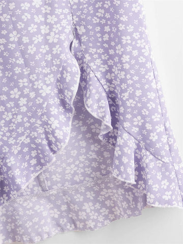 EZwear Asymmetrical Ruffle Hem Ditsy Floral Skirt