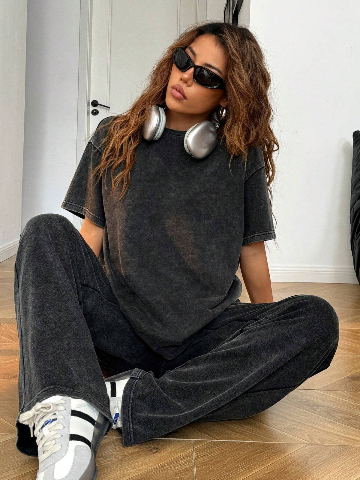 Autumn Winter Casual Crew Neck Short Sleeve Straight Leg Pants Distressed Wash Loose Outfit