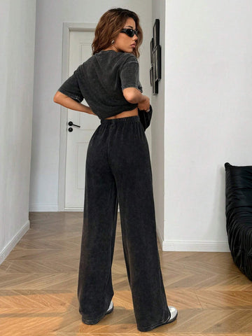 Autumn Winter Casual Crew Neck Short Sleeve Straight Leg Pants Distressed Wash Loose Outfit