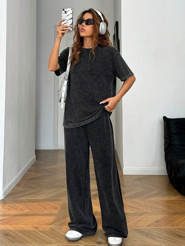 Autumn Winter Casual Crew Neck Short Sleeve Straight Leg Pants Distressed Wash Loose Outfit