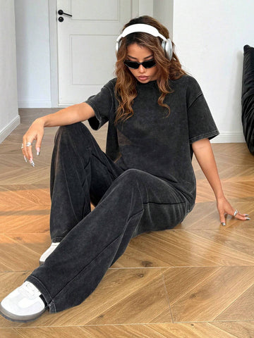 Autumn Winter Casual Crew Neck Short Sleeve Straight Leg Pants Distressed Wash Loose Outfit