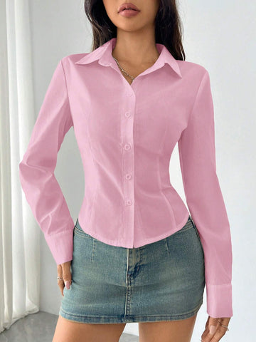 EZwear Basic Casual Solid Color Fitted Long Sleeve Shirt