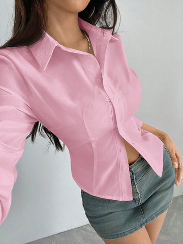 EZwear Basic Casual Solid Color Fitted Long Sleeve Shirt