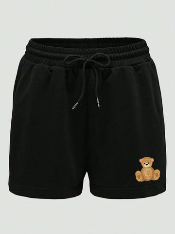 EZwear Bear Print Drawstring Waist Shorts