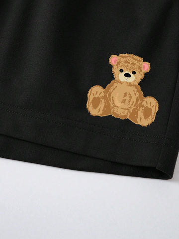 EZwear Bear Print Drawstring Waist Shorts