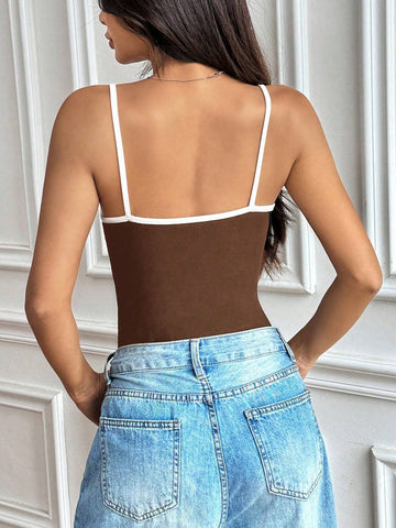 Black & White Simple Triangle Cutout Bodysuit, Sexy Backless Women's Bodysuit