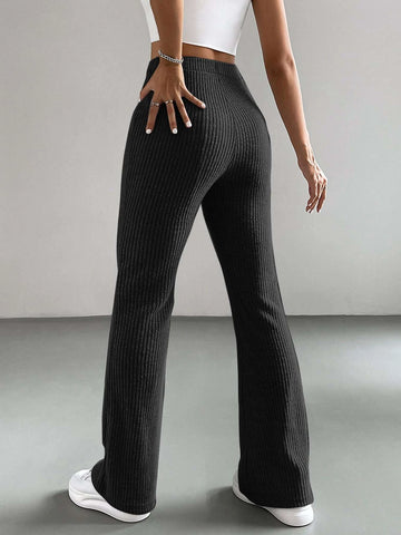 EZwear Black Brushed Fabric Elastic Waist Flare Leg Pants