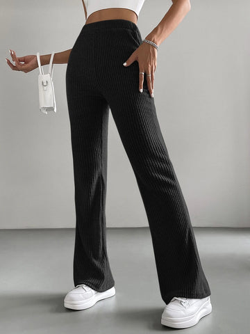 EZwear Black Brushed Fabric Elastic Waist Flare Leg Pants