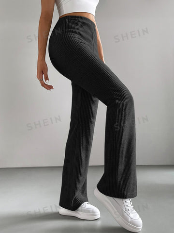 EZwear Black Brushed Fabric Elastic Waist Flare Leg Pants