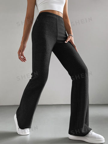 EZwear Black Brushed Fabric Elastic Waist Flare Leg Pants