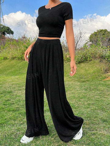 Black Casual Knit Slim Fit Top And Pants Set