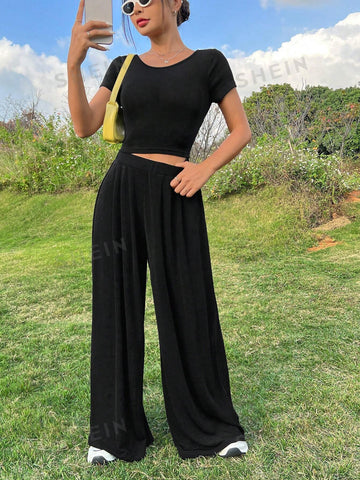 Black Casual Knit Slim Fit Top And Pants Set