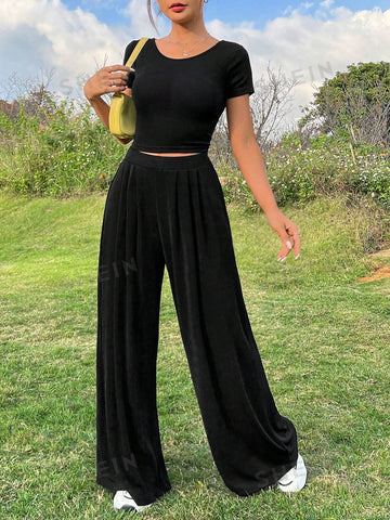 Black Casual Knit Slim Fit Top And Pants Set