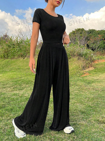 Black Casual Knit Slim Fit Top And Pants Set