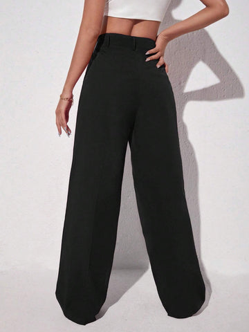 EZwear Black Casual Solid Straight Leg Pants