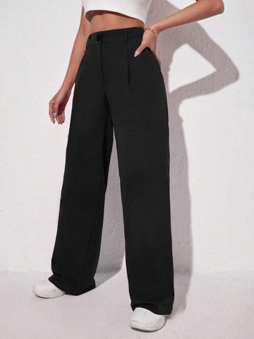 EZwear Black Casual Solid Straight Leg Pants